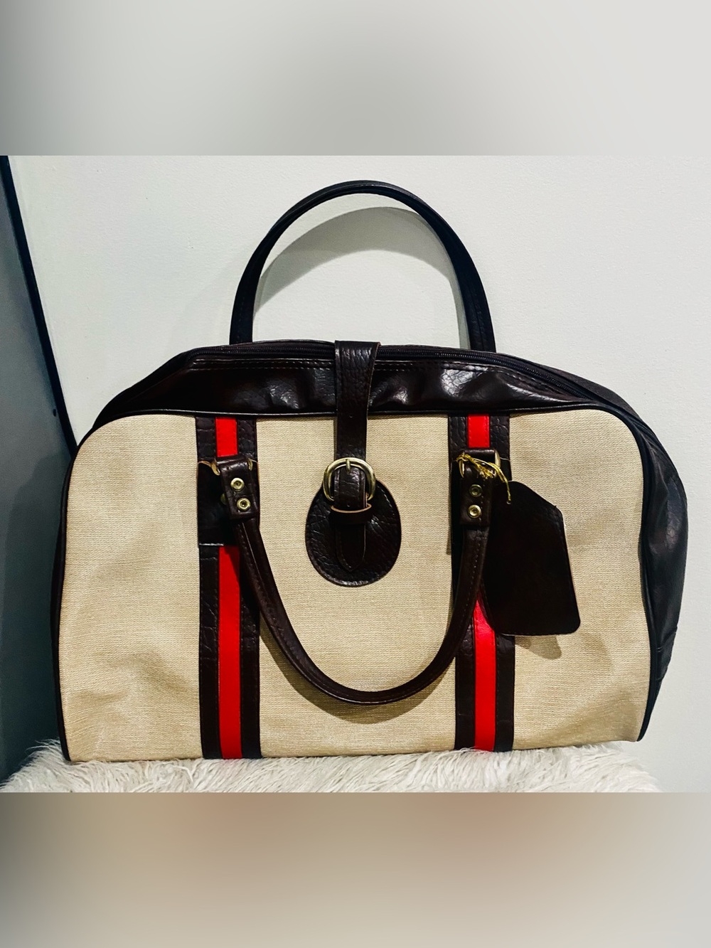 Vintage Retro Canvas Tote with Dark Brown Leather Trim and Red Stripe Accents